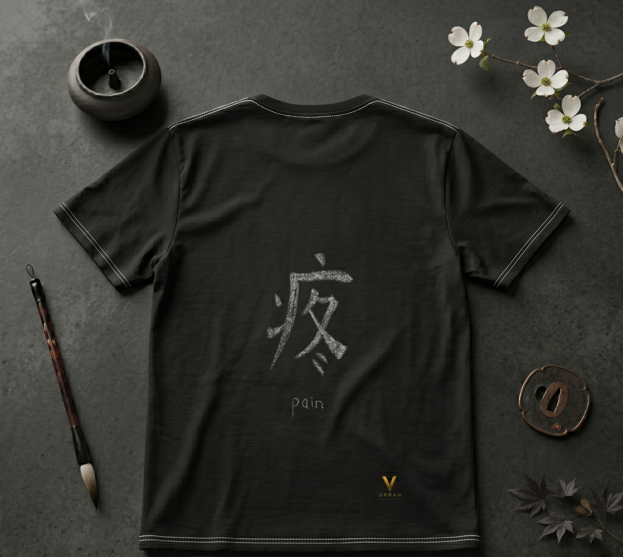 V URBAN: "Silent Ache" Chalk-Graphic Heavyweight Tee – Onyx Black